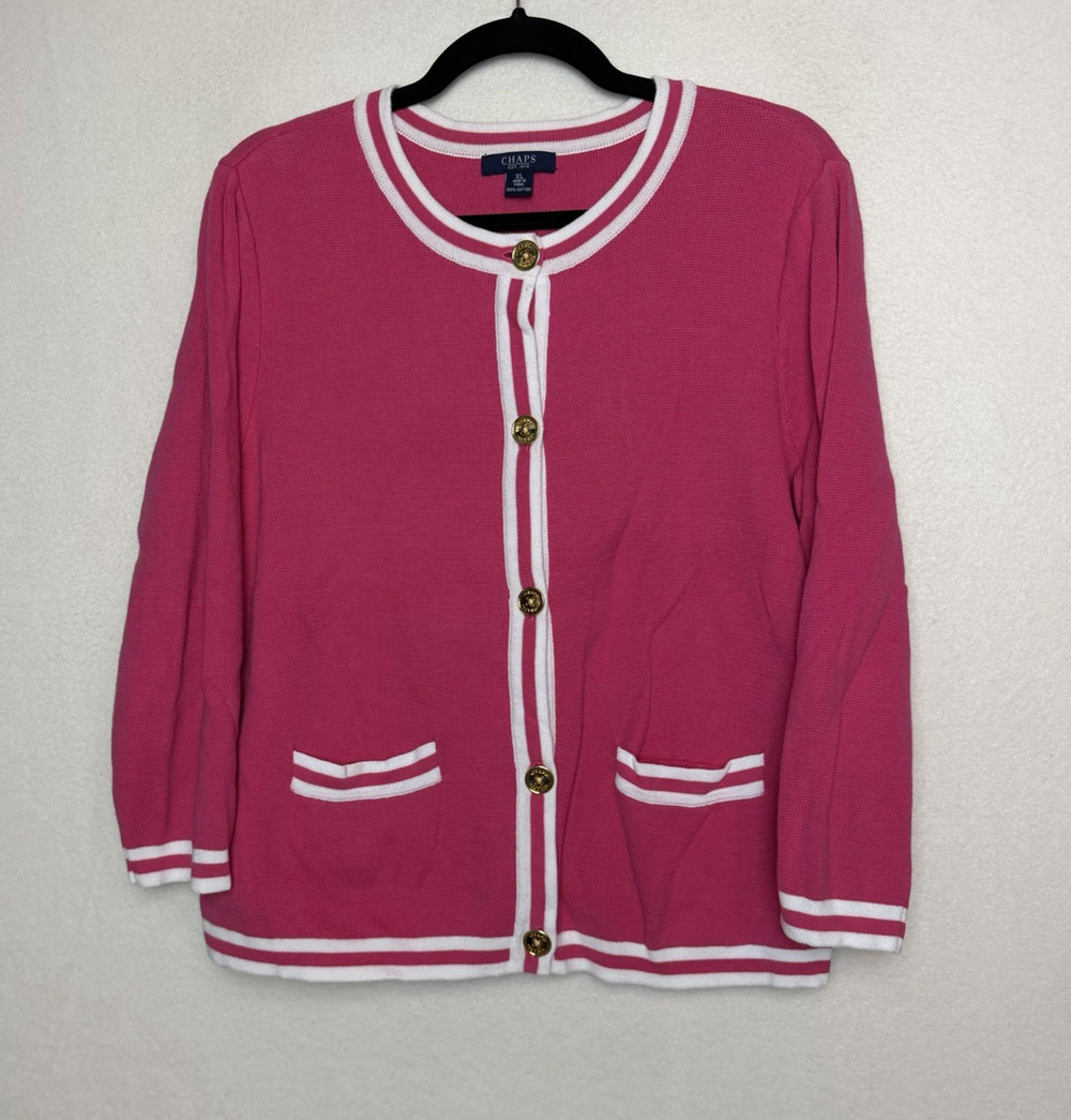Chaps Women's Pink Cardigan Sweater Gold Button Front Long Sleeve Cotton Size XL